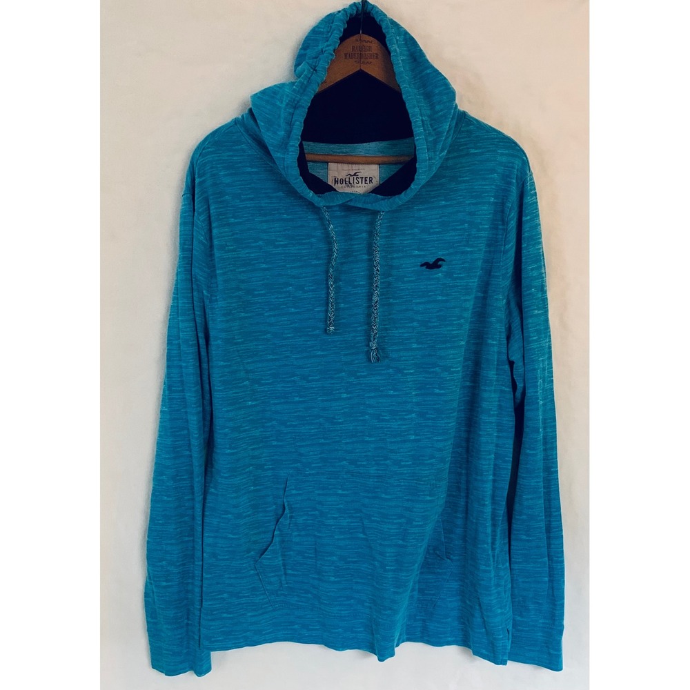 Vtg Hollister Hoodie Mens M Turquoise Blue Space Dye Slub Knit Pullover Logo Y2K